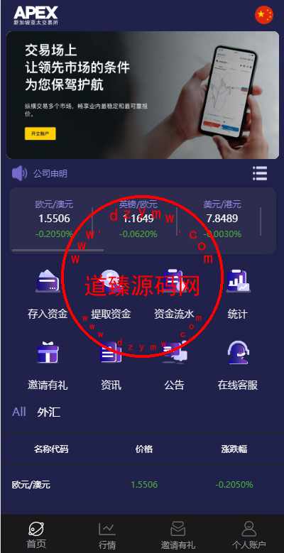 APEX多语言外汇微盘微交易所源码/单控点控+代理分销+K线完好/前端html后端PHP-道臻源码网