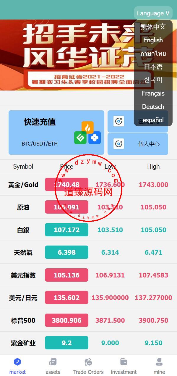 全新优化版八国语言微盘系统/外汇微交易系统/投资理财源码-道臻源码网